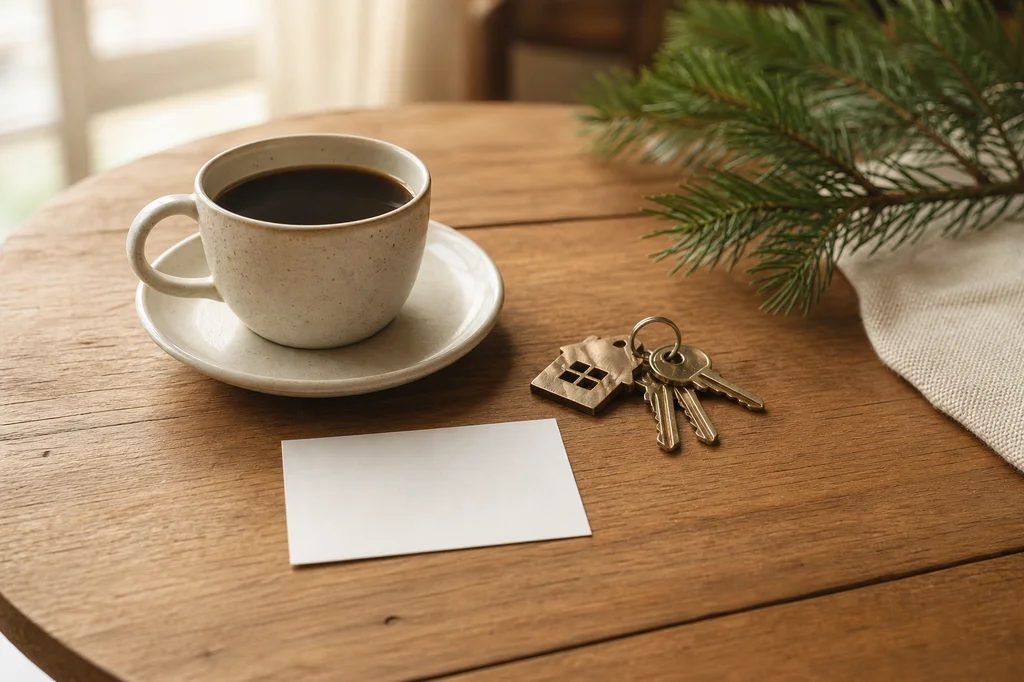House keys, coffee, and an agent business card
