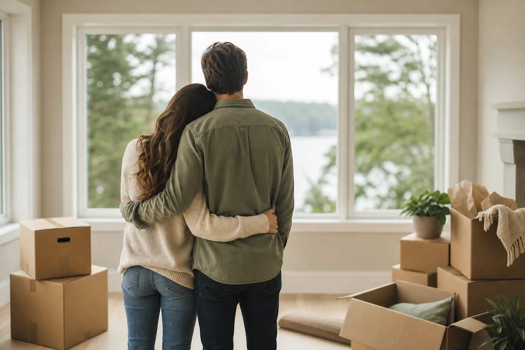 Couple holding hands beside moving boxes in a new home