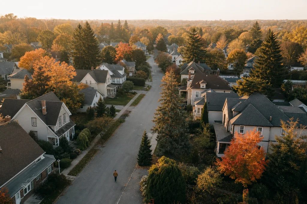 Aerial view of a neighbourhood in autumn