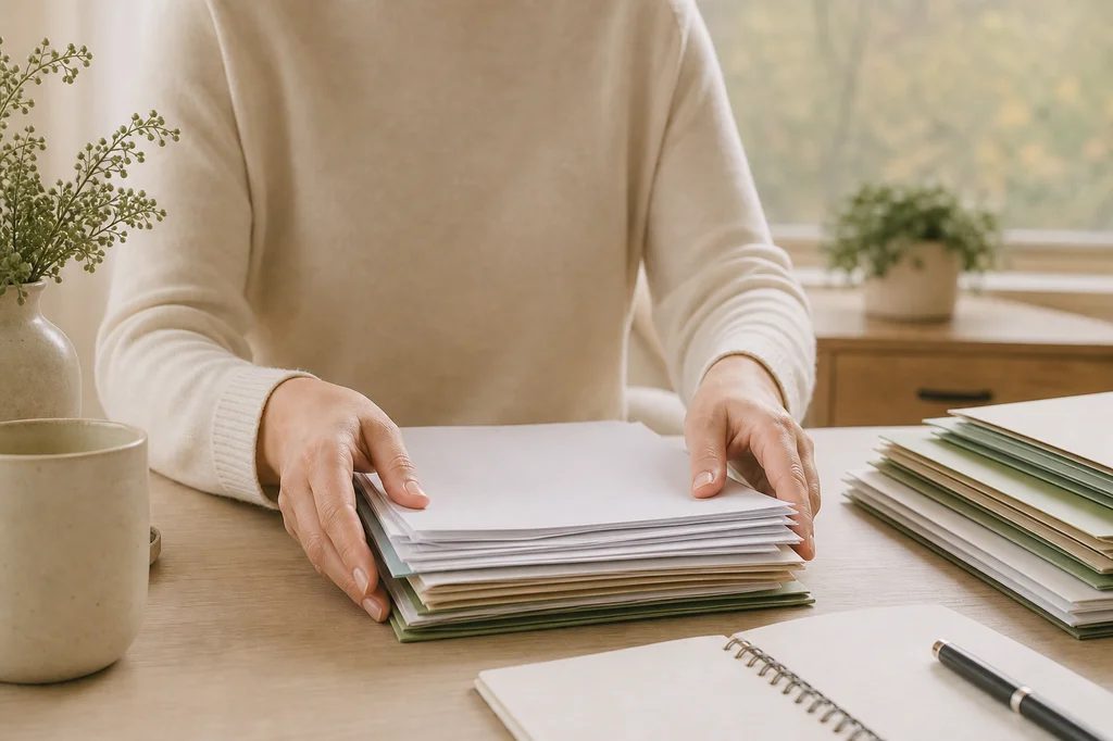Hands organizing mortgage paperwork
