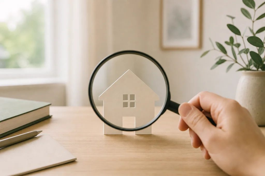 Magnifying glass over a house-shaped document