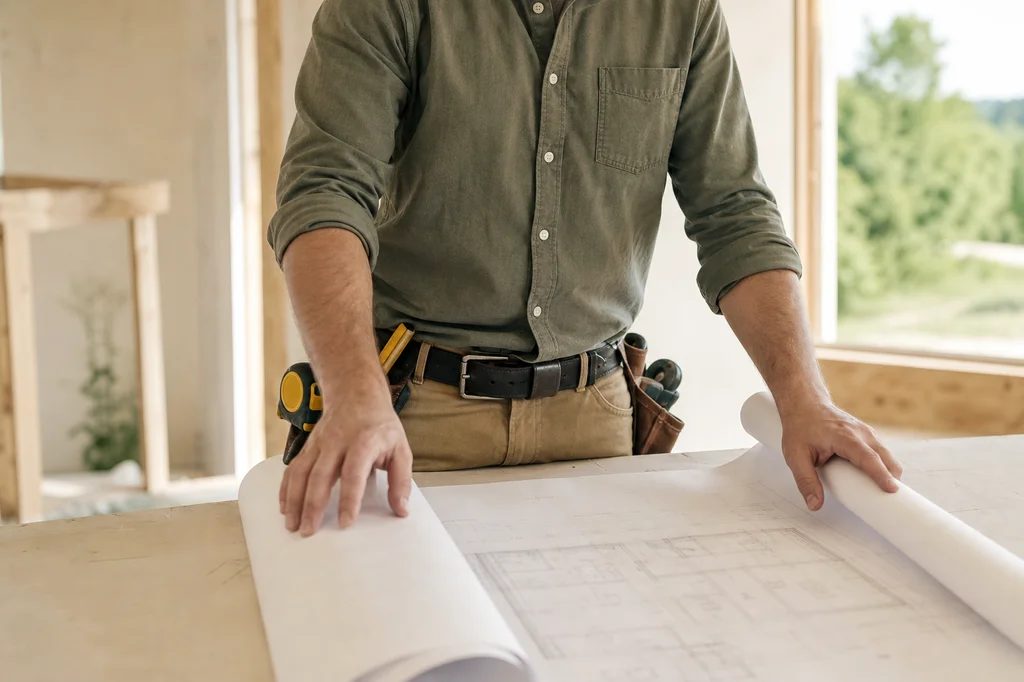 Contractor reviewing plans at a worksite