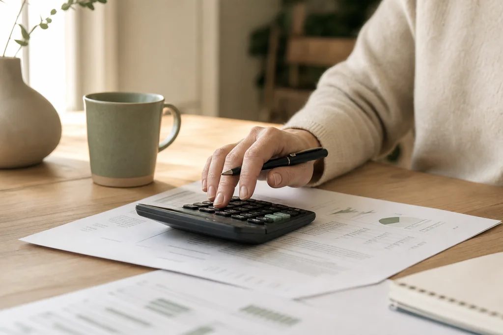 Calculator resting on a mortgage statement