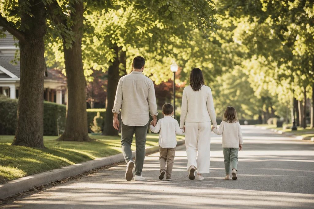 Families walking a leafy residential street