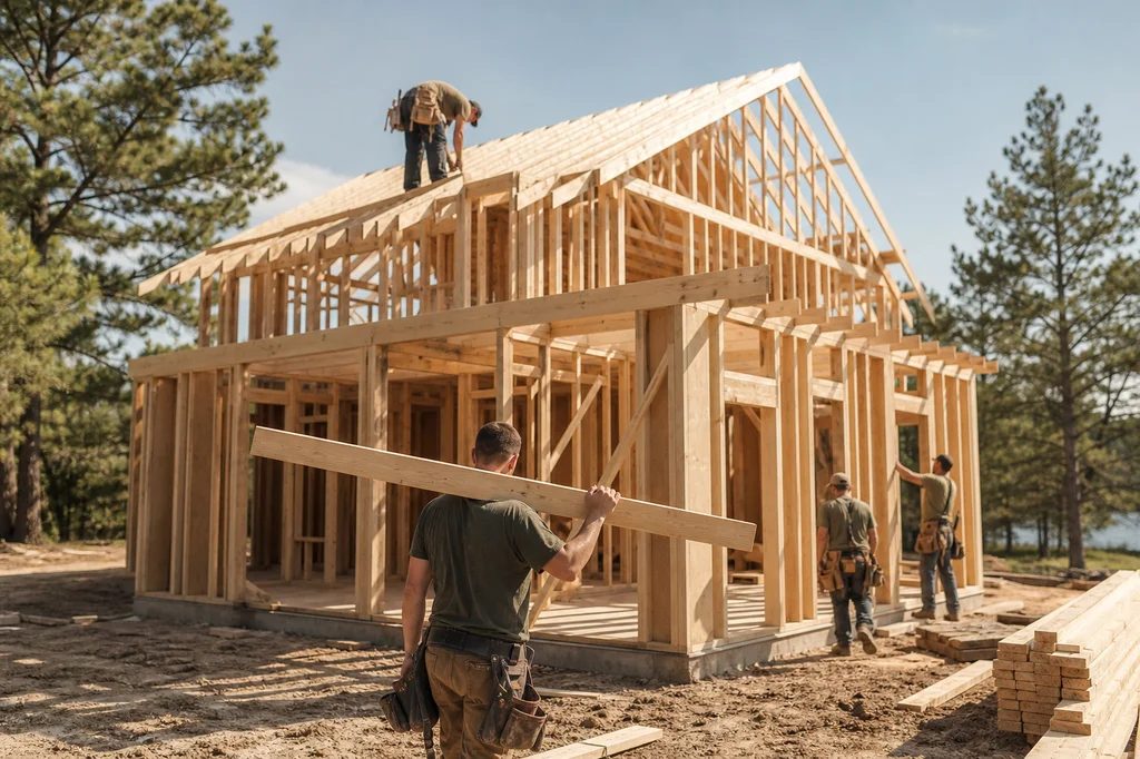 New home under construction with framing crew