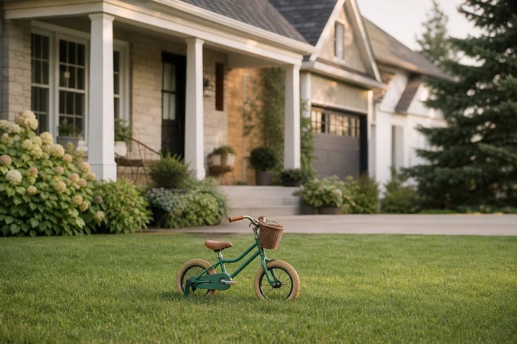 Child's bike on the lawn of a family home