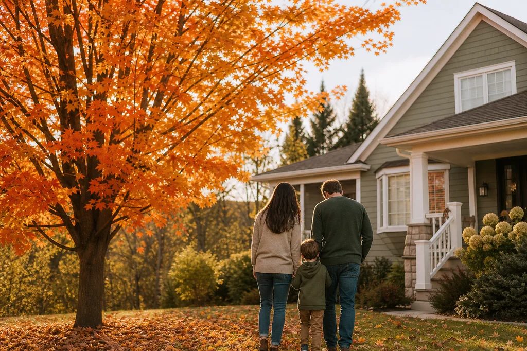 Maple tree in autumn beside a family home