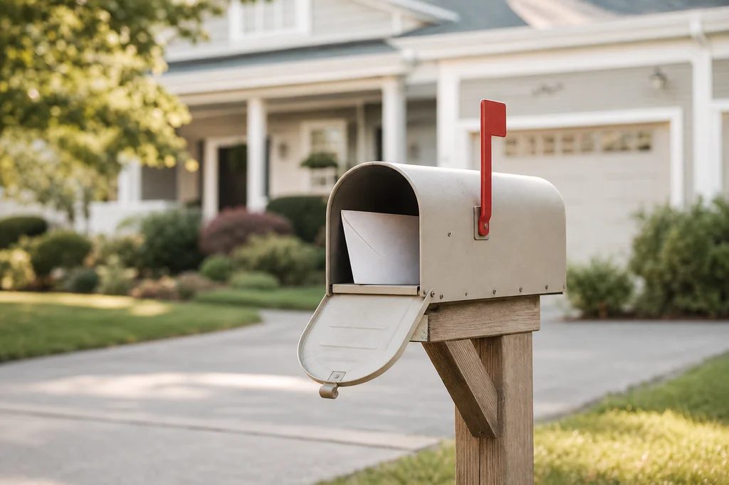Mailbox with a letter and raised red flag