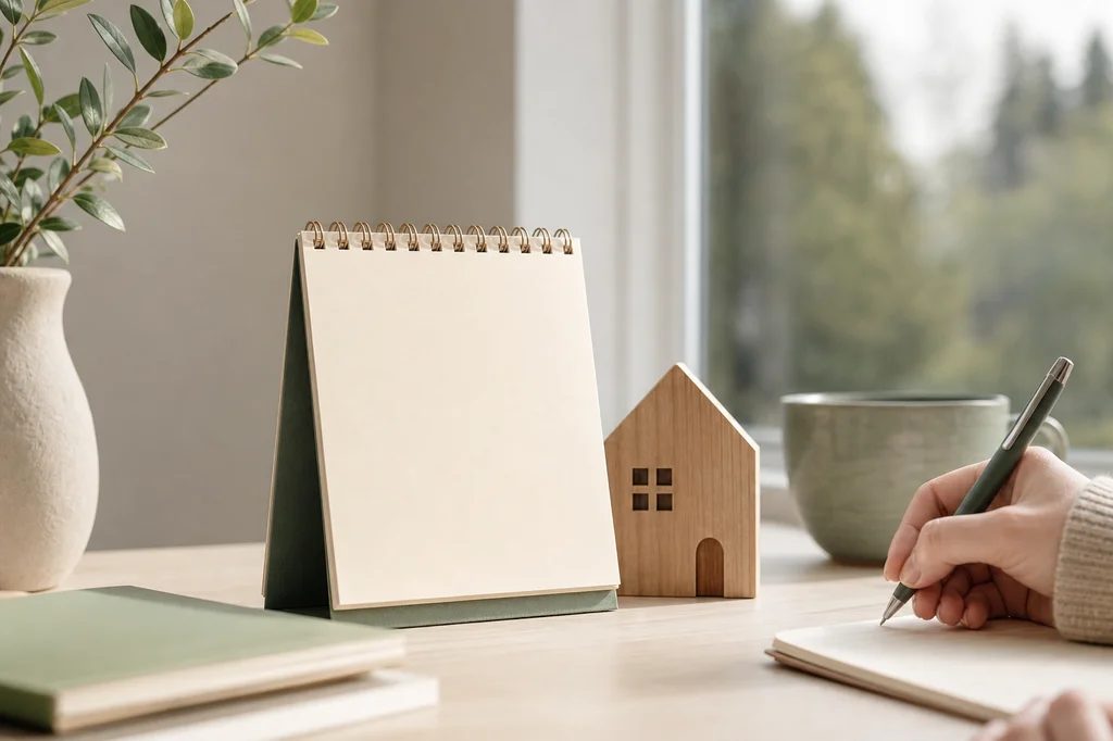 Desk calendar beside a small house model