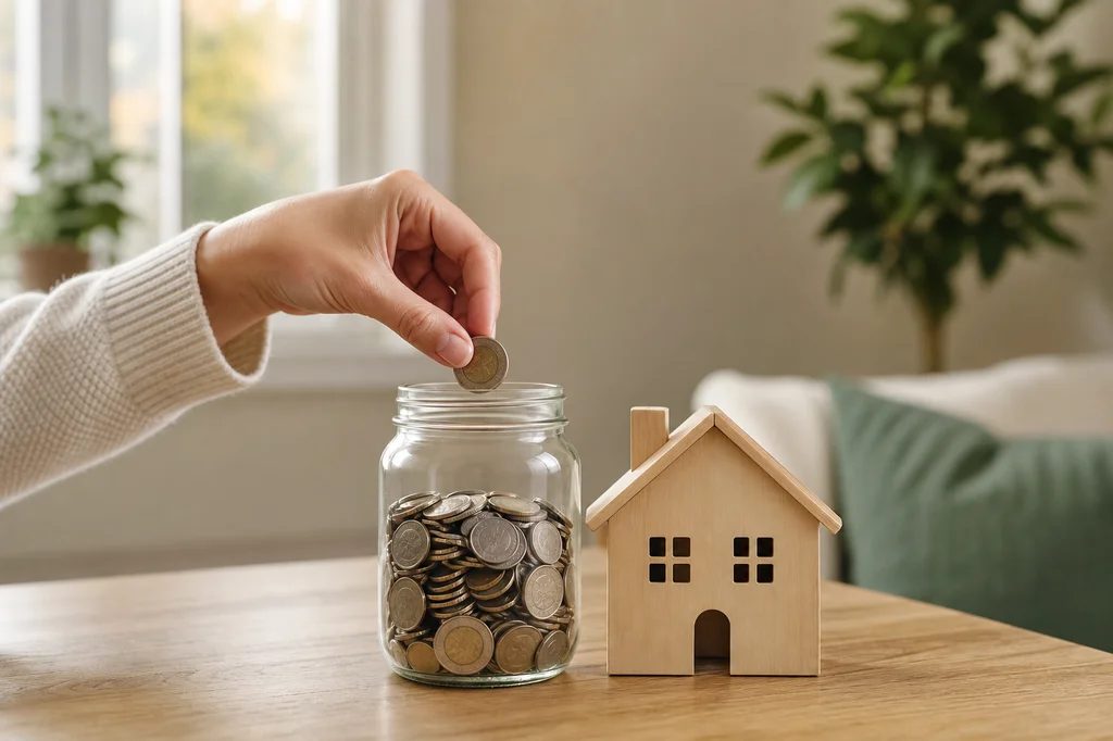 Jar of coins beside a small house model