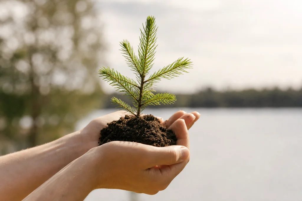 Hands holding soil with a young sapling